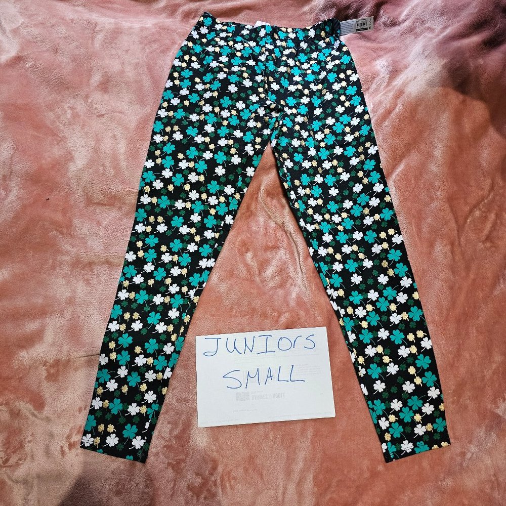 Juniors S Shamrock & 4-Leaf Clover Glitter St. Patrick's Day Legging Bottoms NWT